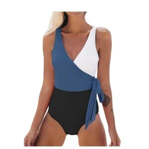 Nwt Size M Women's Blue and Black Wrap Swimsuit